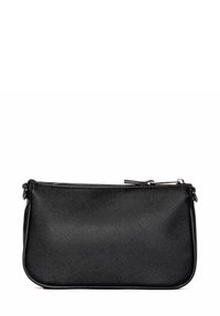 Zwarte clutch met rits, gemaakt van textuurmateriaal, met een rechthoekige vorm, een gladde oppervlakte en een subtiel geometrisch patroon.