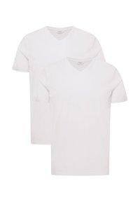 Białe bawełniane t-shirty, krótki rękaw, dekolt w serek, gładka faktura, zaprezentowane dwa egzemplarze, bez wzorów ani akcentów.