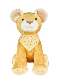 Plush stuffed lion in yellow fabric with a soft texture. Features large ears, a friendly face, and a cream bandana with colorful spots.