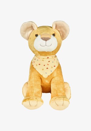 Plush stuffed lion in yellow fabric with a soft texture. Features large ears, a friendly face, and a cream bandana with colorful spots.