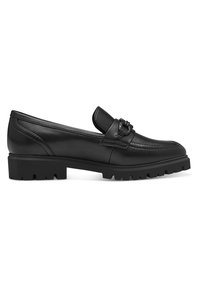 Mocassin en cuir noir avec semelle à relief épaisse et boucle décorative sur le dessus, présenté de profil sur fond blanc.