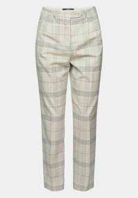 Beige geruite broek gemaakt van stof met zwarte en subtiele rode lijnen. Voorzien van een knoopsluiting en zijzakken. Getailleerde pasvorm, taps toelopende pijpen.