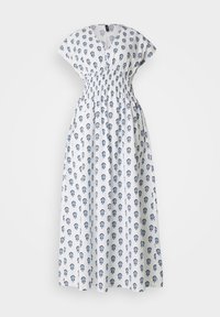 Weißes Kleid mit floralem Muster in Blau. V-Ausschnitt, kurze Ärmel und geraffte Taille. Fließendes Design, das bis zur Knöchellänge reicht.