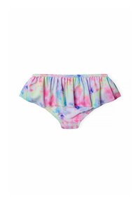 Slip da bagno multicolore con un motivo tie-dye in tonalità pastello di rosa, blu e verde, dotato di una vita a volant.