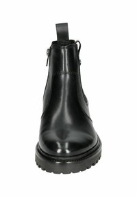 Black leather ankle boot with a smooth finish, elastic side panels, a pull tab at the back, and a rugged, textured sole.