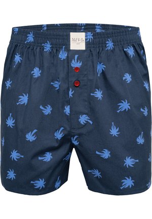 Navy blue shorts with light blue palm tree pattern, elastic waistband, and three red buttons on the front. Made of soft fabric.