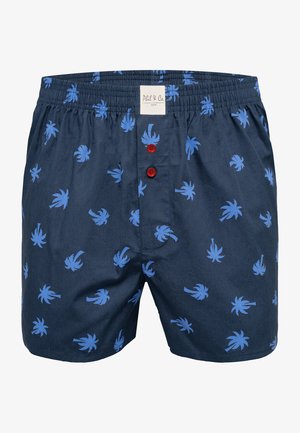 Navy blue shorts with light blue palm tree pattern, elastic waistband, and three red buttons on the front. Made of soft fabric.