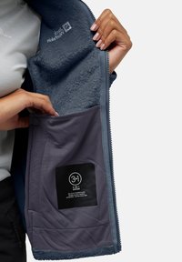 Giacca 3-in-1 con un interno in pile blu navy, caratterizzata da una tasca interna grigia con l'etichetta "3-IN-1 SYSTEM" e una chiusura con zip.