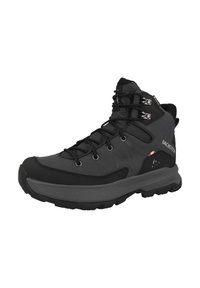 Bota de senderismo negra con un diseño de caña alta, parte superior de malla y sintético, acentos texturizados, ojales de metal y suela de goma texturizada.