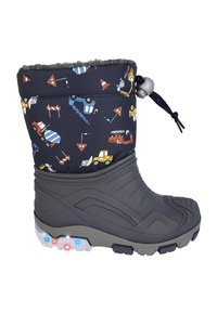 Kinderwinterlaars in donkerblauw met print van een bouwvoertuig. Rubberzool met verlichte functie, grijze basis, zachte kraag en trekkoord.