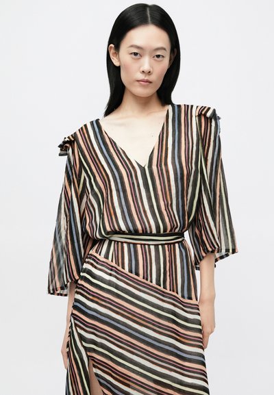 Svītraina kleita ar V veida izgriezumu, platiem piedurknēm un jostu viduklī. Krāsas ietver melnu, rozā, zilu un bēšu ar plūstošu faktūru.