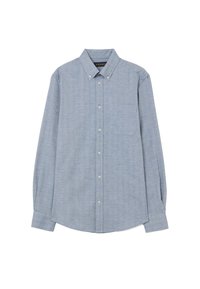 Camicia celeste con bottoni, colletto classico, maniche lunghe, tasca singola sul petto e texture sottile. Vestibilità standard e materiale in misto cotone.