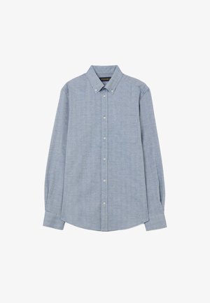 Lichtblauw overhemd met klassieke kraag, lange mouwen, één borstzak en subtiele structuur. Standaard pasvorm en katoenmix materiaal.