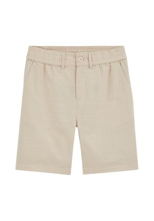 Beżowe szorty do kolan z elastycznym pasem, zapięciem na guzik, szlufkami na pasek i bocznymi kieszeniami, wykonane z lekkiego materiału.