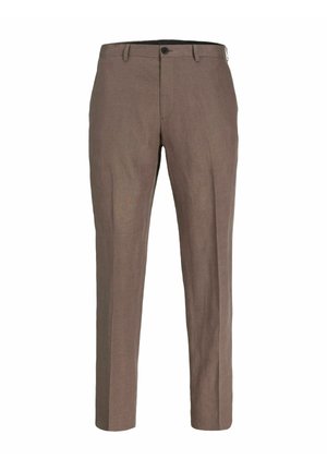 Pruunid sirgete jalgadega meeste püksid ees nööbiga, vööaasadega ja puhta, viimistletud viimistlusega.