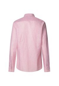 Red and white striped long-sleeve shirt with a pointed collar, buttoned cuffs, and a straight hem, made from a lightweight fabric.