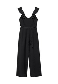 Svart jumpsuit med volangärmar, v-ringning och flätad bälte med fransar. Tillverkad av ett lätt tyg med en slät yta.
