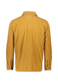 Geel corduroy overhemd met een rugpas, lange mouwen en knoopmanchetten. Heeft een verticale ribbelstructuur en een rechte onderkant.