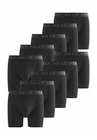 Black cotton boxer shorts, featuring a grey elastic waistband with the word "NEXT" repeated. Eight pairs displayed in a staggered arrangement.