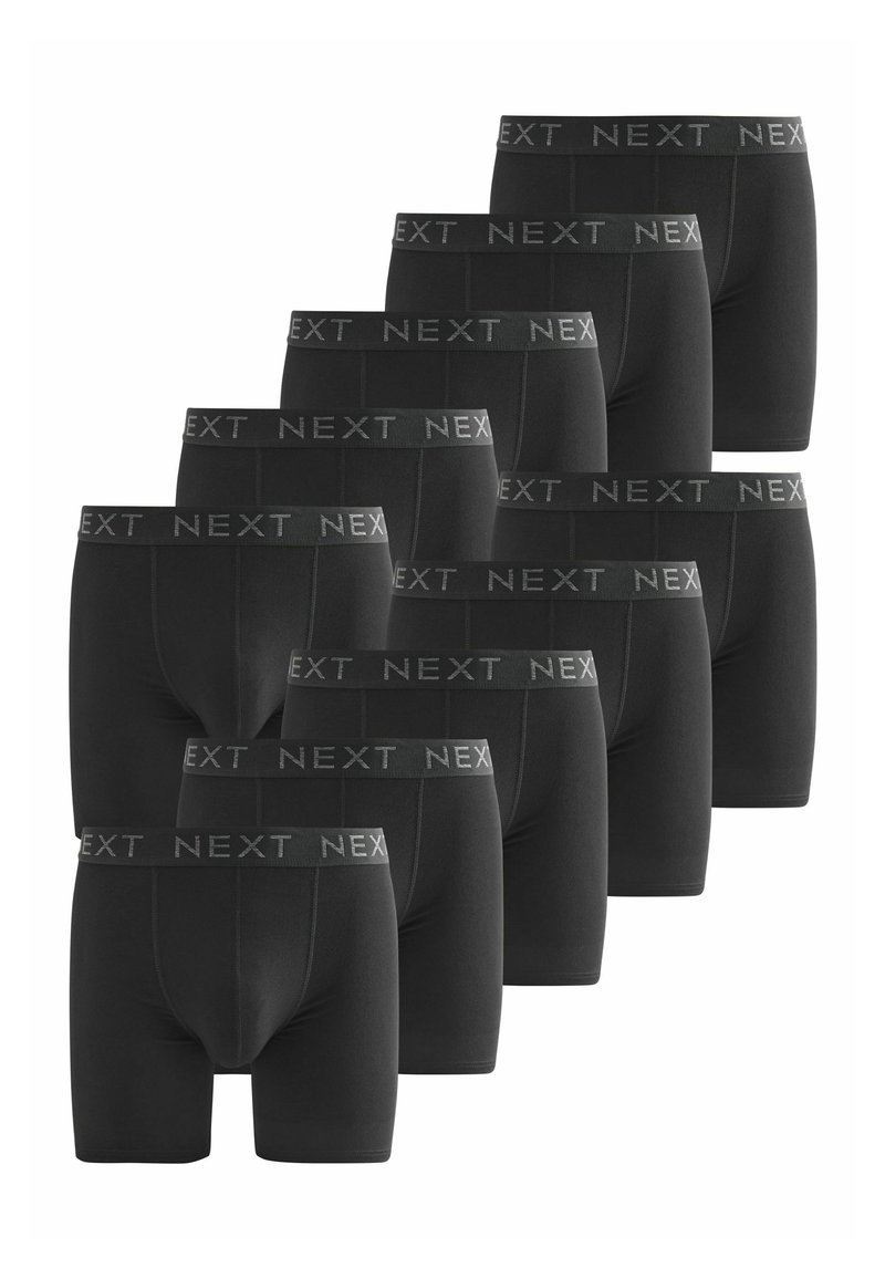 Black cotton boxer shorts, featuring a grey elastic waistband with the word "NEXT" repeated. Eight pairs displayed in a staggered arrangement.