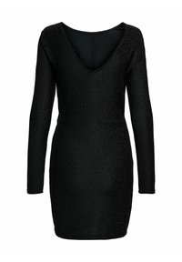 Czarna sukienka z długim rękawem i głębokim dekoltem w serek, wykonana z błyszczącego materiału, dopasowanego kroju i gładkiej tekstury.