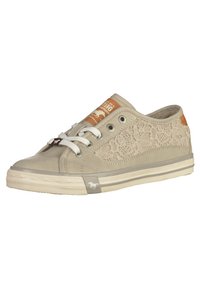 Beige canvas sneakers with lace detailing on the sides, round toe, white laces, and a brown branded patch near the tongue.