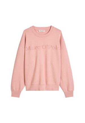 Roze sweatshirt van zacht materiaal, met ribbels in de mouwen en onderkant. Geborduurde merknaam "Marc O'Polo" gecentreerd op de voorkant.
