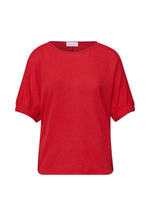 Rode trui met korte mouwen, ronde hals en elastische boorden, gemaakt van zacht gebreide stof.