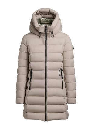 Pehmea beež talvejakk, millel on kõrge krae, kapuuts ja kaks tõmblukuga külgtaskut, millel on ribakujuline tekstuur ja kontrastsed tõmblukud.