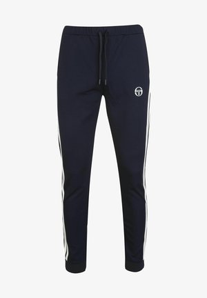 Navy Jogginghosen mit weißen Seitenstreifen, elastischem Bund mit Kordelzug, gerippten Bündchen und Logodetail am oberen linken Bein.