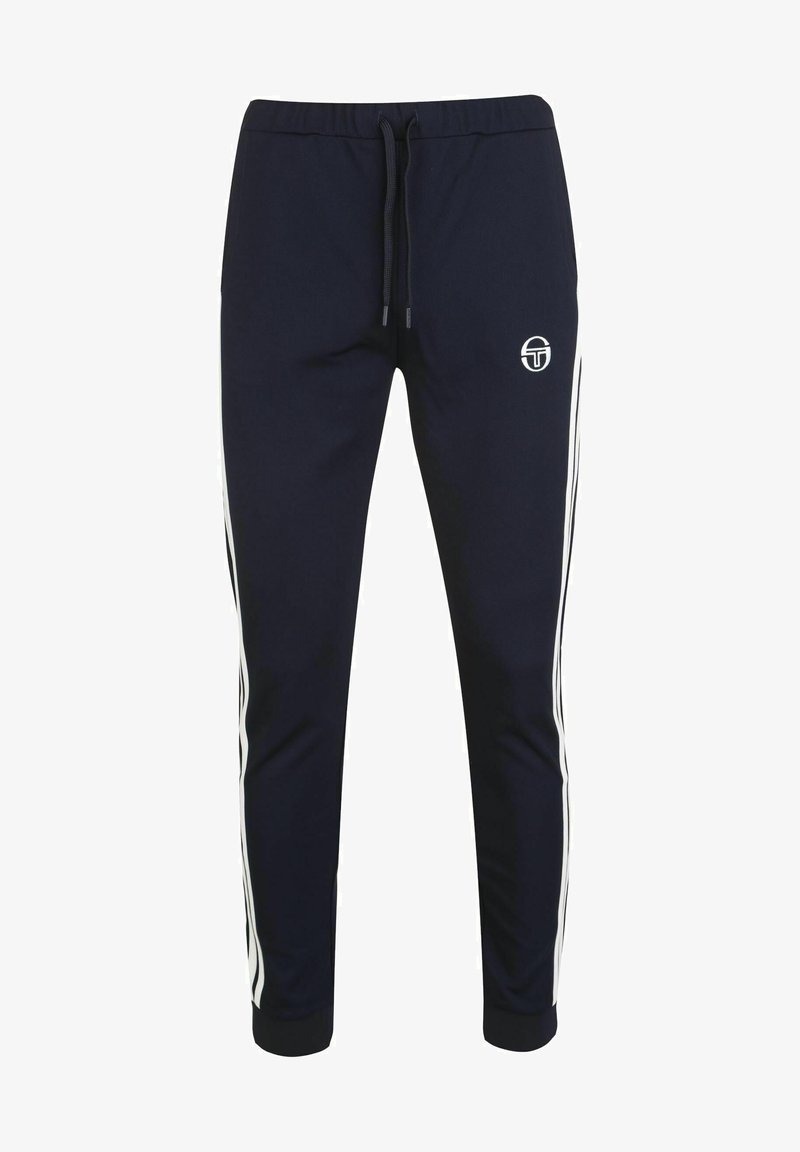 Marine joggebukser med hvite sidestriper, elastisk midje med snor, ribbede mansjetter, og logodetalj på øvre venstre ben.