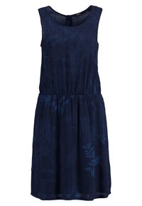 Sleeveless navy dress with subtle leaf patterns, elastic waist, and round neckline.