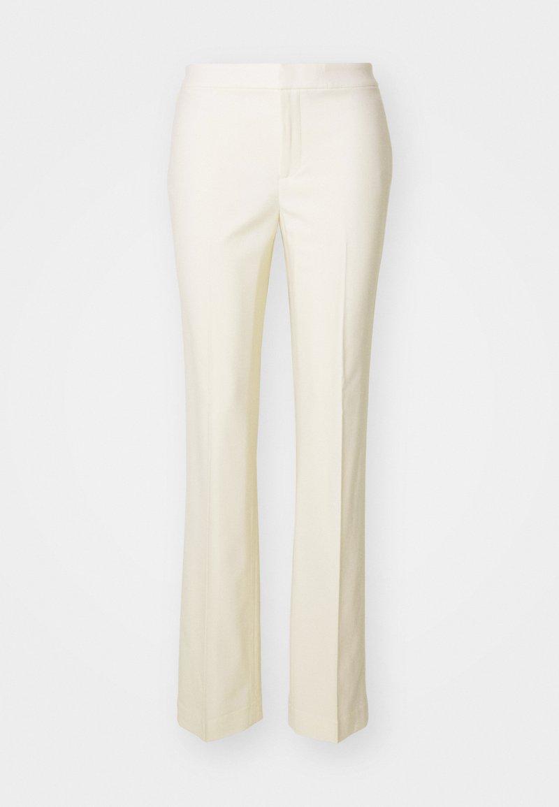 Calças retas sob medida em creme. Feitas de um tecido leve com uma textura suave. Apresenta uma cintura padrão e sem fechos visíveis.