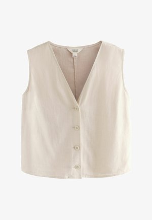 V králičké színű, ujjatlan felső, V-nyakkal, elülső gombokkal és egyszerű dizájnnal. Texturált anyagból készült, egyenes szegéllyel.