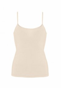 Beige camisole top made of soft cotton, featuring thin adjustable straps and a fitted silhouette. Smooth texture, minimal design, no embellishments.
