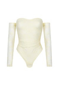 Kant bodysuit in zacht geel, met een off-the-shoulder ontwerp, lange mouwen en een nauwsluitende silhoutte met een gladde textuur.
