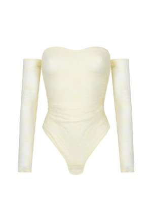 Spitzen-Bodysuit in sanftem Gelb, mit schulterfreiem Design, langen Ärmeln und einer taillierten Silhouette mit glatter Textur.
