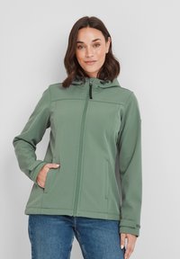 Soft-shell jacket in light green with a zip front, adjustable hood, and side pockets, featuring a smooth texture and minimal stitching details.