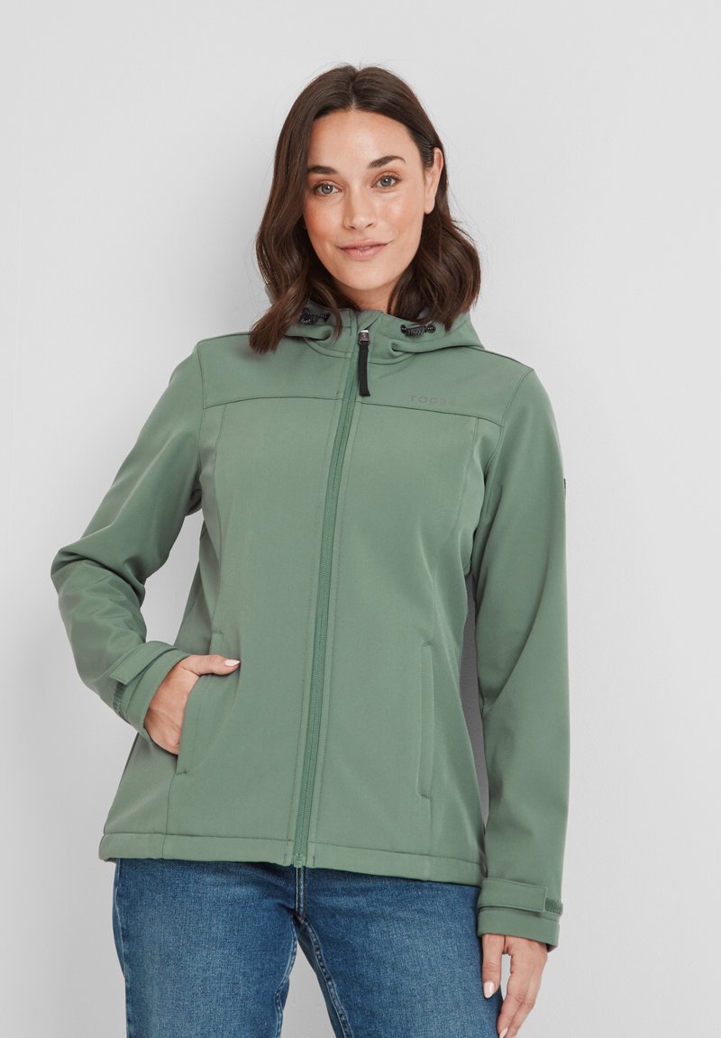 Soft-shell jacket in light green with a zip front, adjustable hood, and side pockets, featuring a smooth texture and minimal stitching details.