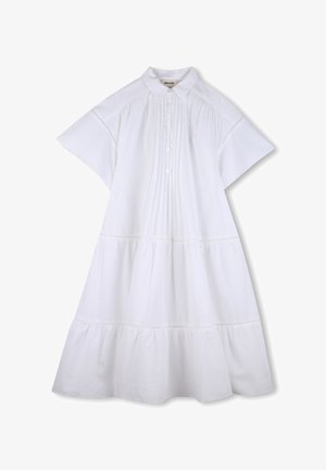 Robe midi blanche à manches courtes avec devant boutonné, détails plissés, jupe à volants et col pointu.