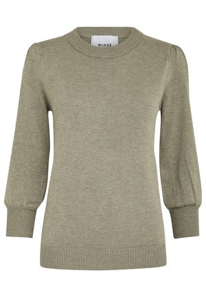 Olive green knitted sweater with a crew neckline, puffed long sleeves, ribbed cuffs, and a ribbed hem. Soft texture, simple design.