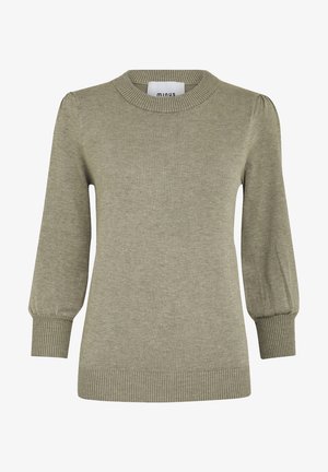 Pull en tricot vert olive avec un col ras du cou, des manches longues bouffantes, des poignets côtelés et un ourlet côtelé. Texture douce, design simple.