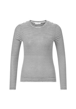 Long-sleeved top in soft fabric featuring black and white horizontal stripes. Classic round neckline and fitted silhouette.