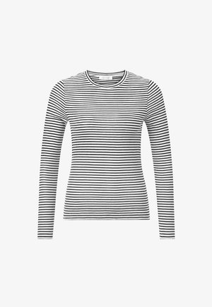 Long-sleeved top in soft fabric featuring black and white horizontal stripes. Classic round neckline and fitted silhouette.