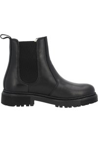 Stivaletto Chelsea in pelle nera con pannelli laterali elastici e un passante. Presenta una suola in gomma spessa con battistrada testurizzato per una buona presa.
