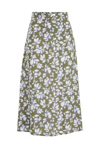 Kukallinen hame oliivinvihreästä kankaasta, jossa on valkoisia ja sinisiä kukkakuoseja. A-linjainen malli, jossa on vyötärönauha tiiviin istuvuuden saavuttamiseksi.