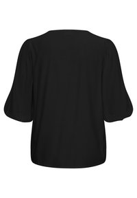 Blusa nera con maniche corte a sbuffo, scollatura ampia e tessuto morbido e leggero. Il retro è semplice, senza ulteriori decorazioni.
