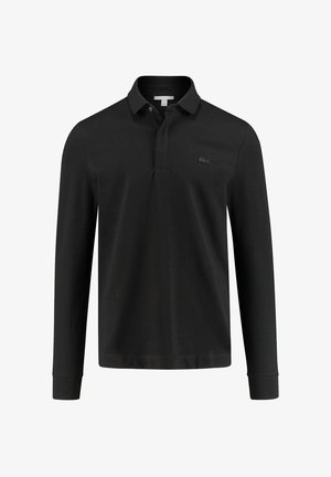 Polo shirt nero a maniche lunghe in cotone con colletto classico, caratterizzato da un logo ricamato in nero sul lato sinistro del petto.