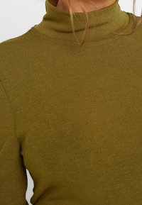 Olivově zelený, ribbed rolák vyrobený z měkkého materiálu s přiléhavým střihem a vysokým límcem. Obsahuje bezešvé ramena a elastickou strukturu.