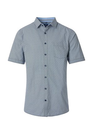 Kurzarmhemd in Hellblau mit navyblauem geometrischen Muster, Knopfleiste vorne, Kragen und einer einzigen Brusttasche. Strapazierfähige Stoffstruktur.